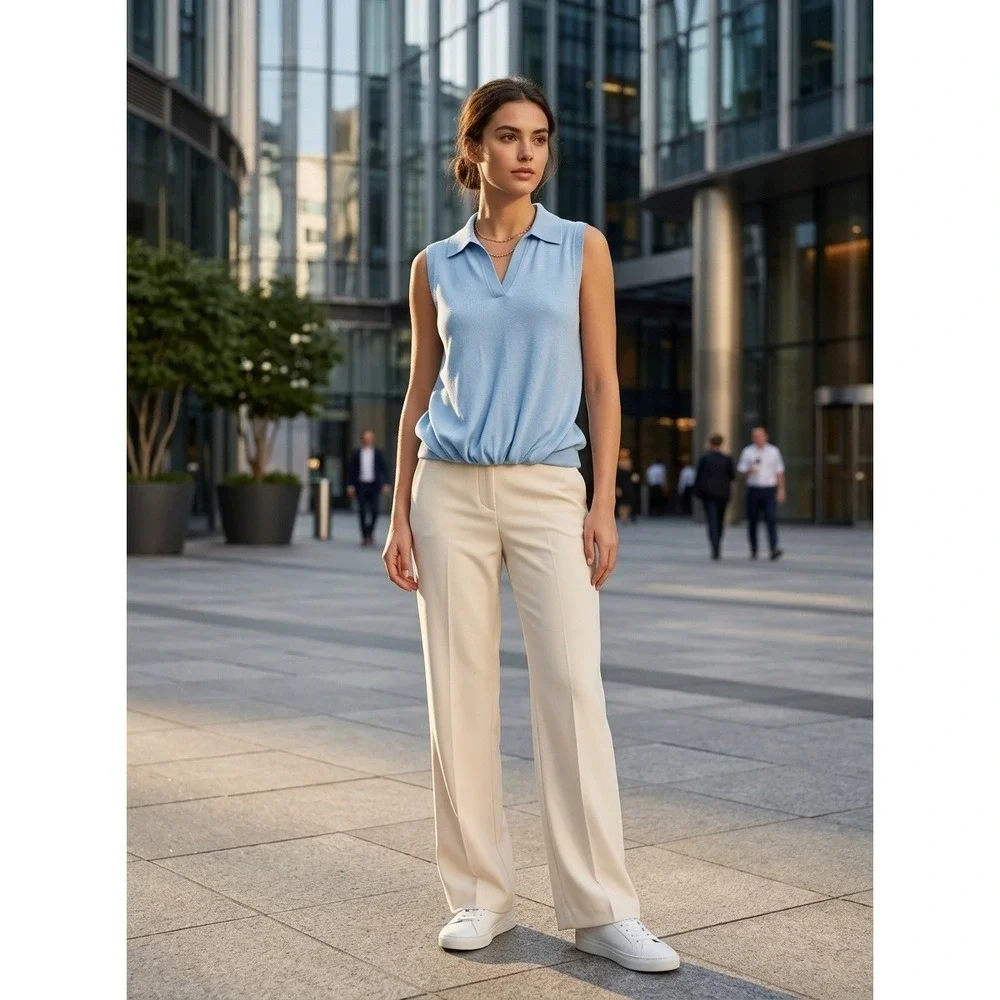 Zara Women Polo Top Sleeveless Knit Top Light Blue V-Neck Elastic Hem Size S NWT